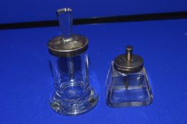 2x Hallmarked Silver Lidded Glass Glue Pots - Chester & Birmingham 1911