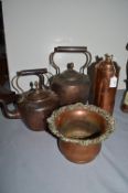 2x Victorian Copper Kettles, Hot Water Bottle, and a Planter