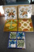 5x Victorian Floral Tiles Including One Attributed to William De Morgan Painted on Blank by
