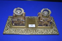 Brass Ink Stand with 2x Cut Glass Inkwells