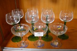 3x Babycham Glasses, and a Set of 6 Coloured Wine Glasses