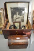 2x Victorian Wooden Boxes Containing Small Framed Pictures and Prints