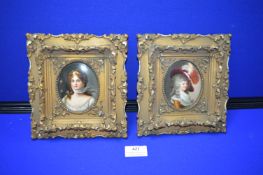 Pair of Miniature Portraits on Porcelain Plaques in Decorative Gilt Frames