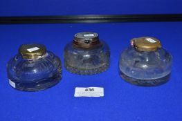 3x Glass Inkwells with Brass Caps