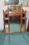 Victorian Oak Framed Overmantel Mirror with Bevelled Edge Panels and Turned Detail