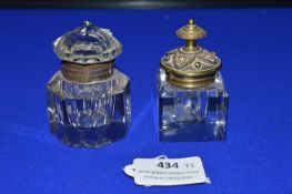 Pair of Victorian Glass Inkwells with Brass Caps & Collars