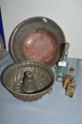 Copper Bowl, Ring Mould, and Vintage Bottles