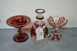 3x Victorian Cranberry Glass Dishes and a Bottle