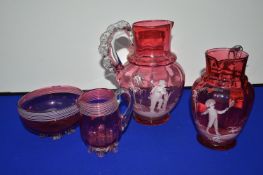 4x Cranberry Glass Jugs and Bowls Including Mary Gregory