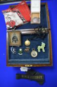 Oak Jewellery Box and Contents Including Vintage Collectibles, Costume Jewellery, etc.