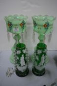 2x Green Glass Candle Holders with Drops, and a Pair of Mary Greggory Green Glass Vases