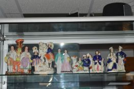 Staffordshire Flatback Figures and Spill Vases Including Queen Victoria and Albert