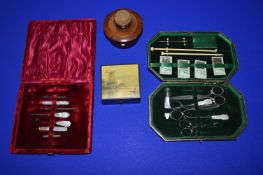 2x Sewing Accessory Cases with Mother of Pearl Handles, Victorian Pincushion Bobbin Box, and a