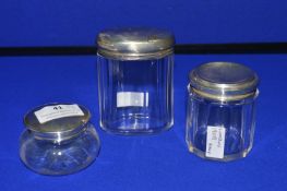 3x Glass Jars with Hallmarked Silver - London 1908, 1922, and Birmingham 1928
