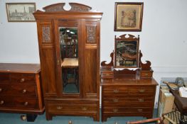 Edwardian Mahogany Mirror Back Dressing Table and Matching Single Wardrobe with Carved Detail