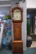 Veneered Mahogany & Walnut Long Case Clock by Samuels of Louth with Painted Face and Castle Scene
