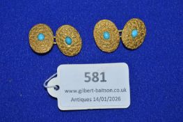 Pair of 18ct Gold Cufflinks with Inset Turquoise Stones ~15.4g gross
