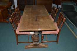 Oak Refectory Style Dining Table on Baluster Supports and Set of Four Matching Chairs (requiring