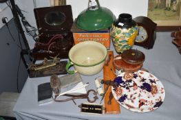 Vintage Collectibles Including Enamel Light Shade, Ceramic Toilet Pull, etc.