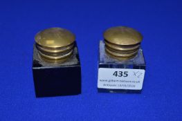 Blue Glass Inkwells with Brass Cap, and One Other