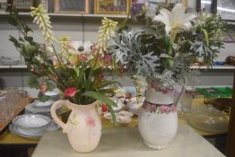 2x Pottery Jugs with Artificial Flower Arrangements