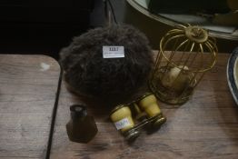 Hedgehog Doorstop, Bird in Cage, Metal Bell, and Opera Glasses