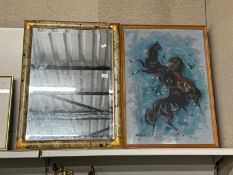 Decorative Floral Mirror and a Framed Tapestry of Horses
