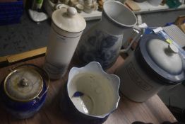 5x Assorted Pottery Items Including Bread Bin, Pasta Pot, Jug, etc.