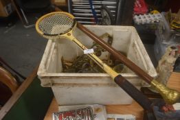 Box of Metal Oddments, Walking Cane, Badminton Racket, etc.