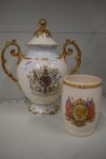 Commemorative Porcelain Vase with Lid, and Cup