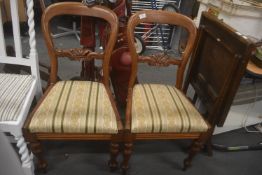 Pair of Carved Walnut Baroque Style Chairs with Stripped Upholstery