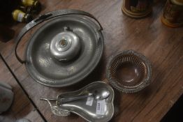 Metalware Including Pear Teabag Saucer, Bowl, Hipflask, etc.