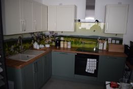 *L-Shape Display Kitchen 186x247cm in Sage Green with Wood Effect Work Surface and Cream Wall Units,