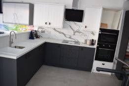 *L-Shape Display Kitchen 230x287cm with Grey Tongue & Groove Effect Base Units and White Wall