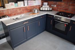 *L-Shape Kitchen Display 216x190cm in Slate Grey with Copper Handles, Including Bianco Acrylic