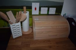 *Beechwood Breadbin, Kitchen Roll Dispenser, and Kitchen Utensils