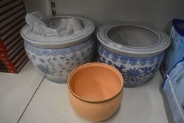 2x Blue & White Plant Pots and One Other