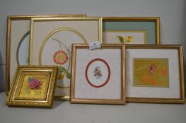 6x Floral Metallic Thread Embroideries