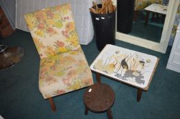Retro Floral Upholstered Chair, Coffee Table, and a Stool
