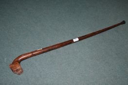 Wooden Walking Stick with Carved Bulldog Head