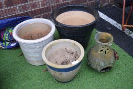 3x Glazed Garden Planters and a Baby Chimenea