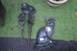 Cast Iron Cat Doorstop, 2x Flower Spikes, etc.
