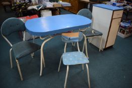 Vintage Blue Formica Table with 3x Chairs, and Storage Cabinet