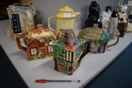 4x Thatched Cottage Novelty Teapots