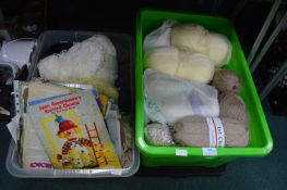 2x Storage Boxes Containing Wool and Knitting Patterns etc.