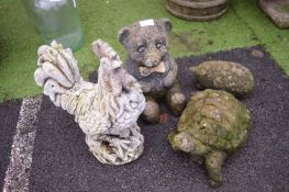 Garden Ornaments Including Teddy Bear, Tortoise, Hedgehog, and a Chicken