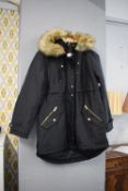 Next Shower Resistant Black Coat with Fur Trim Hood Size: 12 RRP: £86 (has security tag attached)