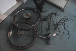 Two Mountain Bike Wheels, 3 Racks & 1 Saddle