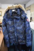 Blue & Black Camo Padded Jacket with Fur Lined Hood Size: MM (marked Canada Goose)