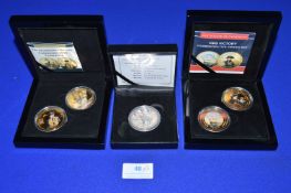 3x Commemorative Decorative Coin Sets Including HMS Victory, Dambusters, and Falcon Island